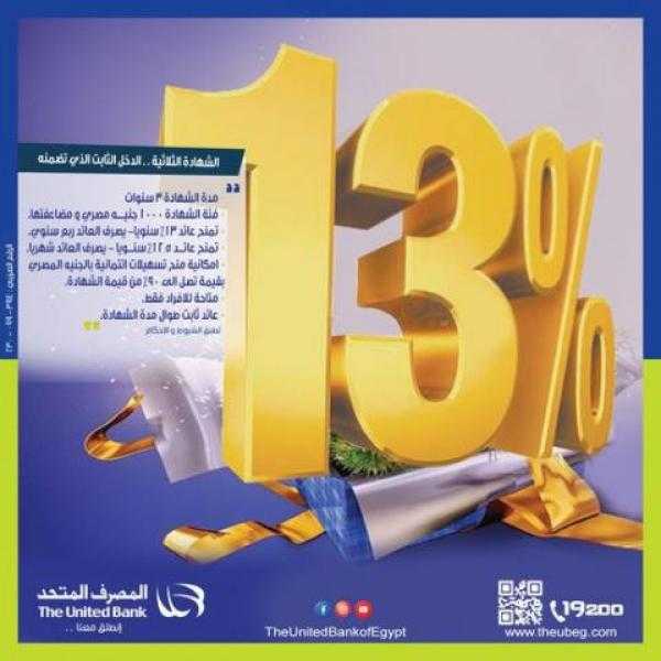 بعائد يصل إلى 13%.. تعرف على مزايا الشهادة الثلاثية من المصرف المتحد