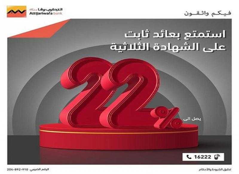 التجاري وفا بنك إيجيبت يرفع الفائدة على الشهادة الثلاثية إلى ؜22%
