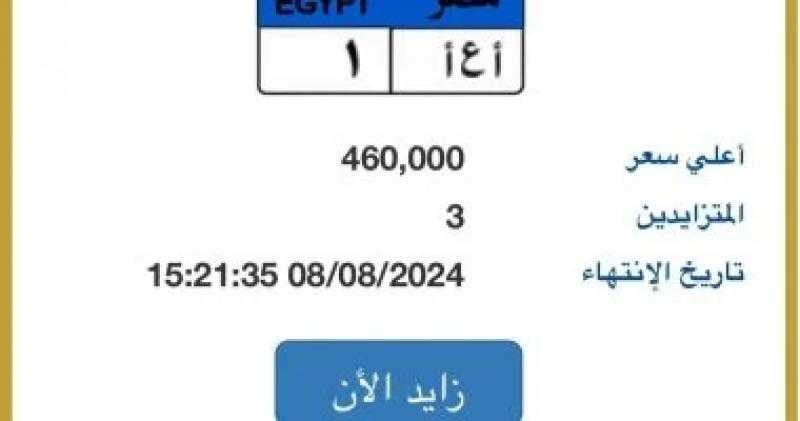 سعر لوحة سيارة ”أ ع أ- 1” المميزة يصل 460 ألف جنيه.. و3 مزايدين عليها