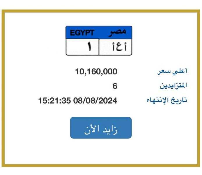 سعر لوحة سيارة ”أ ع أ - 1” المميزة يتخطى 10 ملايين جنيه