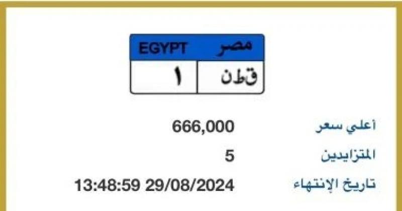 مزاد على لوحة ”ق ط ن- 1” المميزة بسعر يتخطى نصف مليون جنيه