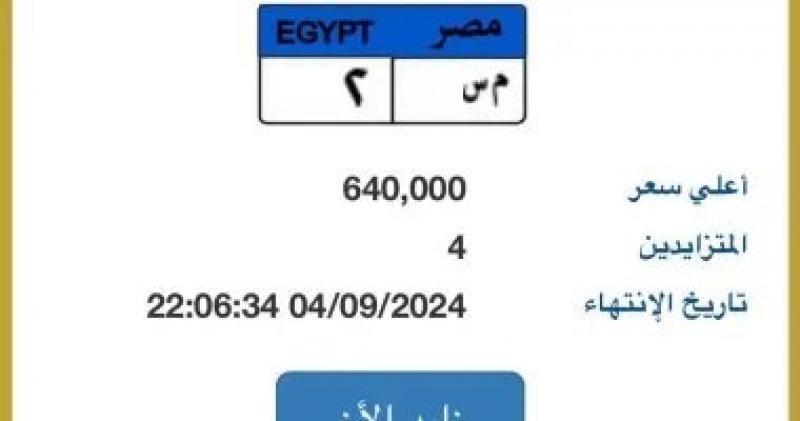 سعر لوحة ”م س- 2” المميزة يتخطى نصف مليون جنيه بالمزاد وتنافس بين 4 أشخاص