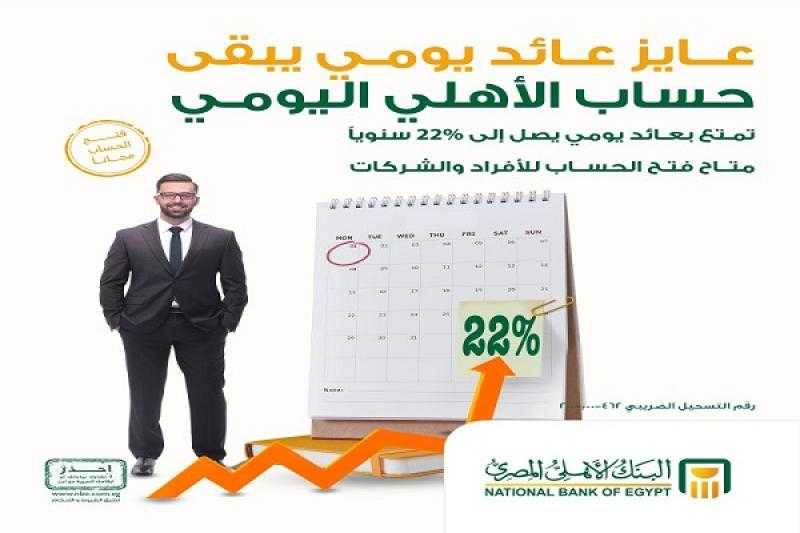 بعائد يصل إلى 22%.. البنك الأهلي المصري يتيح فتح «حساب الأهلي اليومي» للأفراد والشركات مجاناً