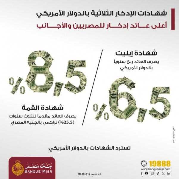 بنك مصر يعدّل سعر العائد على شهادتي ادخار «القمة» و«إيليت» الثلاثية بالدولار