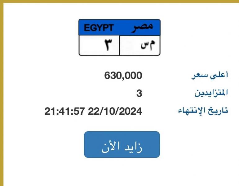 المزايدة على لوحة “م س- 3” المميزة تصل لـ630 ألف جنيه و3 أشخاص يتنافسون عليها