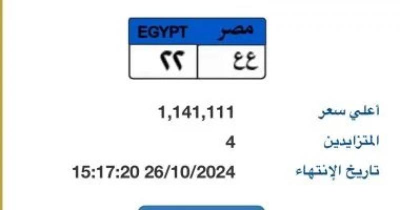 ”ع ع- 22” أحدث نمرة بمزاد اللوحات المميزة.. سعرها يتخطى مليون جنيه