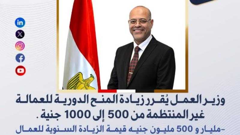 وزير العمل: زيادة منحة العمالة غير المنتظمة من 500 إلى 1000 جنيه
