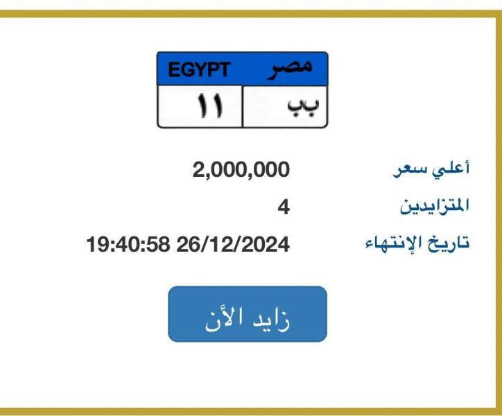 بـ2 مليون جنيه.. 4 أشخاص يتنافسون على لوحة سيارة ”ب ب - 11” المميزة