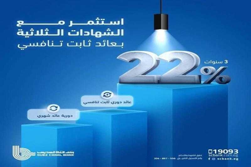 استثمر فلوسك في الشهادة الثلاثية من بنك قناة السويس واستمتع بعائد 22%