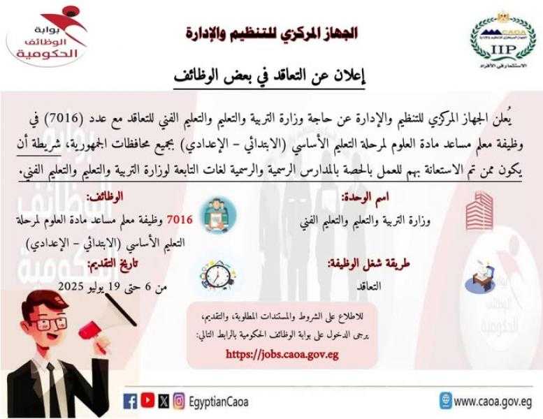 مسابقة لشغل 7016 وظيفة معلم مساعد مادة ”العلوم” من ”معلمي الحصة”
