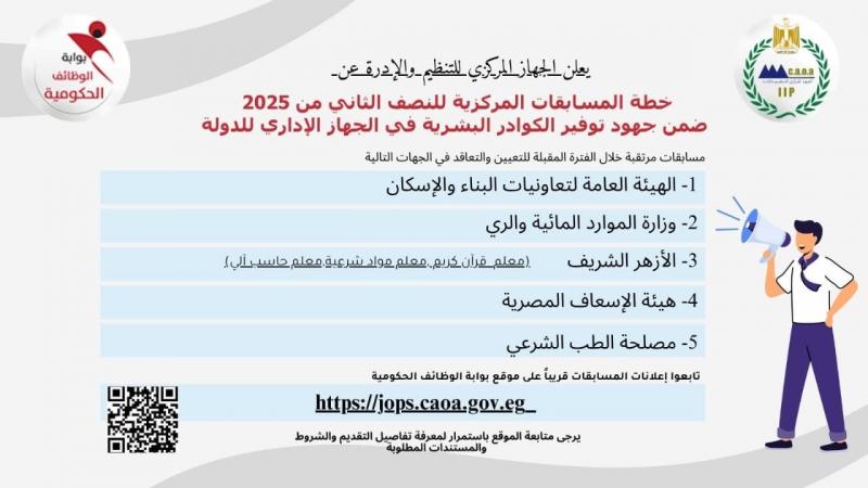 رئيس التنظيم والإدارة يعلن عن المسابقات المركزية المقرر طرحها خلال النصف الثاني من العام الجاري