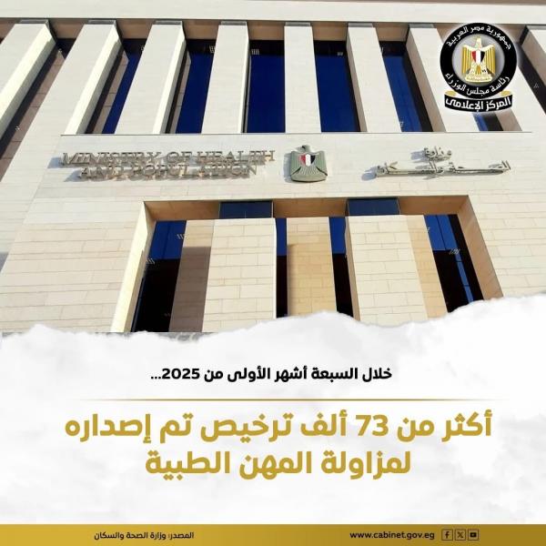 وزارة الصحة: إصدار 73.376 ترخيصًا لمزاولة المهن الطبية خلال الفترة من 1 يناير إلى 28 يوليو 2025