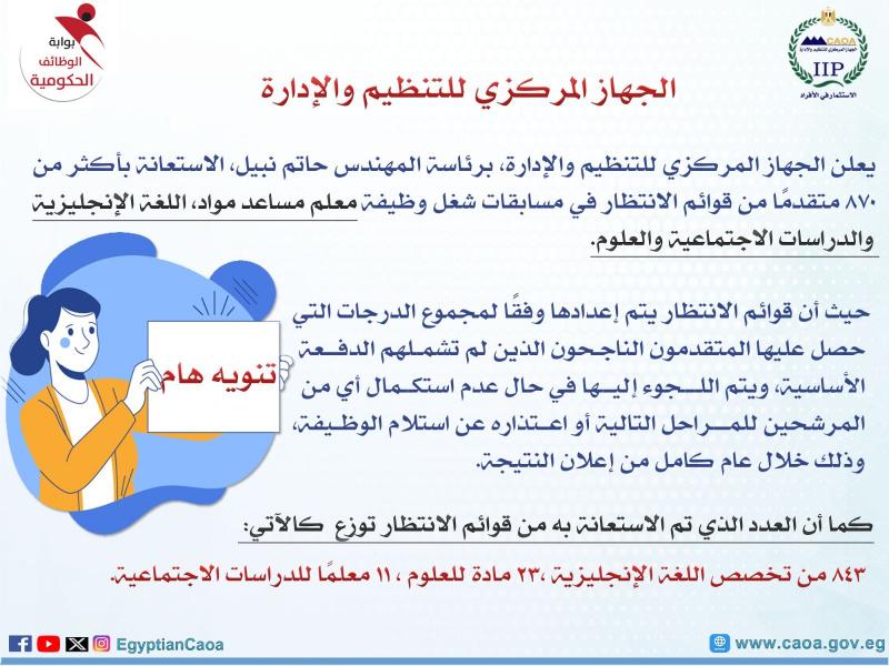 التنظيم والإدارة يستعين بأكثر من 870 متقدمًا من قوائم الانتظار للمعلم المساعد