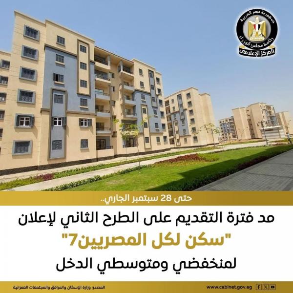 مد فترة التقديم لحجز وحدة سكنية في ”سكن لكل المصريين” حتى 28 سبتمبر