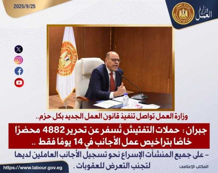 العمل تواصل تنفيذ القانون الجديد.. تحرير 4882 محضرًا خاصًا بتراخيص عمل الأجانب في 14 يومًا