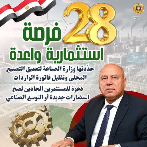 28 فرصة استثمارية واعدة من وزارة الصناعة لتعميق التصنيع المحلي وتلبية احتياجات السوق.. تفاصيل