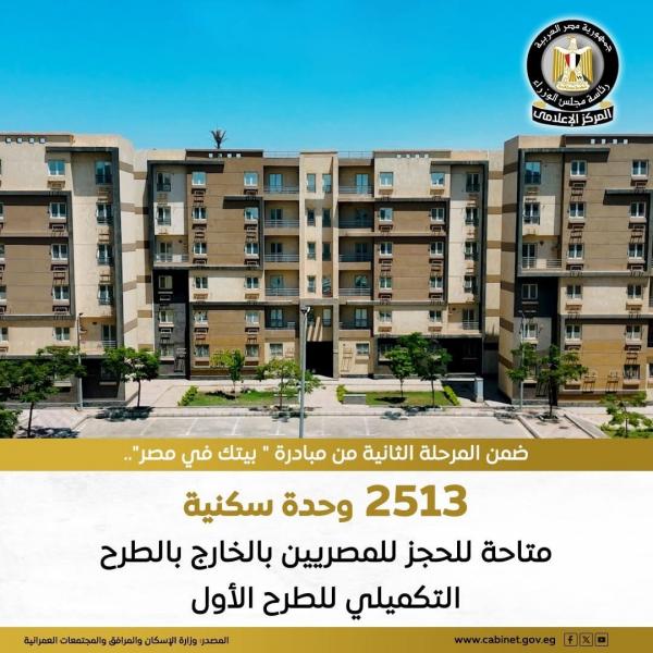 حجز 2513 وحدة سكنية بالطرح التكميلي للطرح الأول ضمن المرحلة الثانية من مبادرة ” بيتك في مصر” للمصريين بالخارج