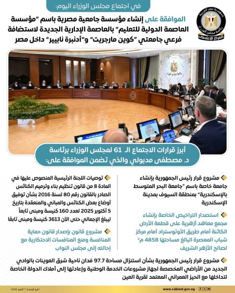 مدبولي: الموافقة على إنشاء مؤسسة جامعية مصرية باسم ”مؤسسة العاصمة الدولية للتعليم”