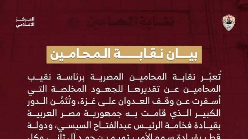 المحامين تثمن الجهود المصرية والقطرية في وقف العدوان على غزة