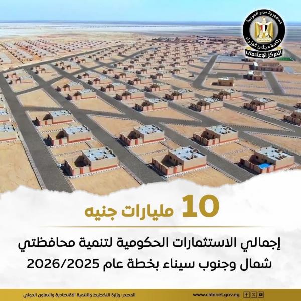 ١٠ مليار جنيه اجمالي الاستثمارات الحكومية لتنمية محافظتي شمال وجنوب سيناء