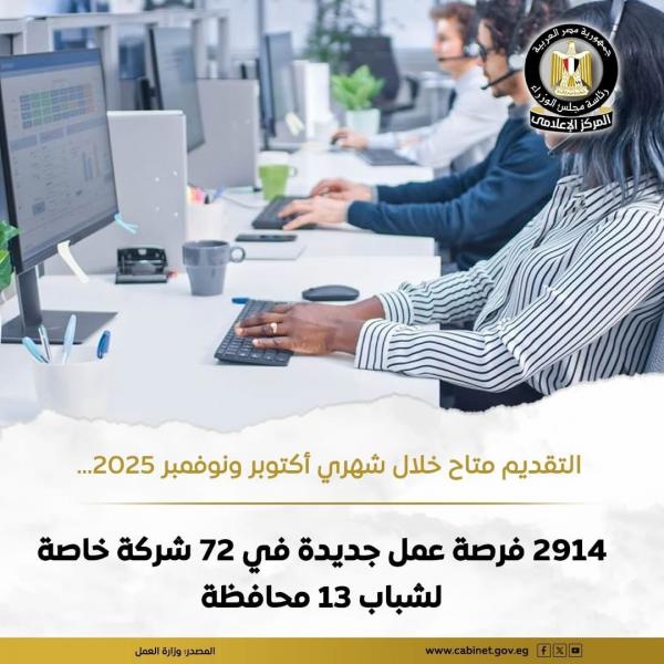 2914 فرصة عمل للشباب في 13 محافظة