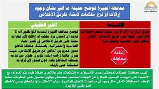 محافظة الجيزة تكشف حقيقة وجود إزالات أو نزع ملكيات لإنشاء طريق الإخلاص