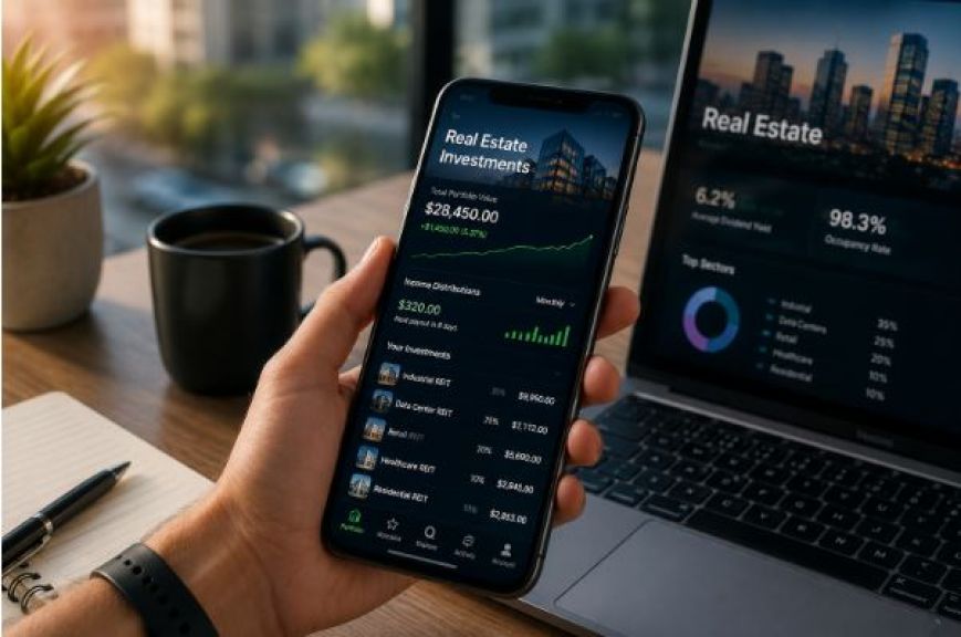 هاتف يعرض محفظة استثمارات عقارية رقمية