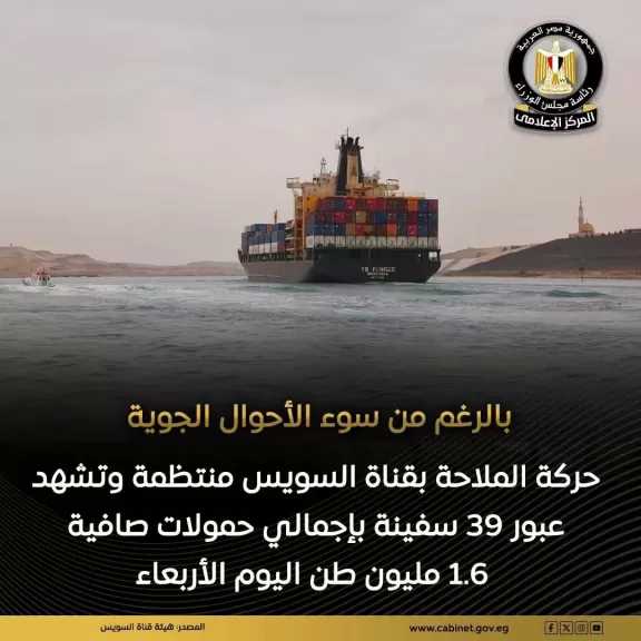 حركة الملاحة بقناة السويس لم تتأثر بسوء الأحوال الجوية.. عبور 39 سفينة بإجمالي حمولات 1.6مليون طن