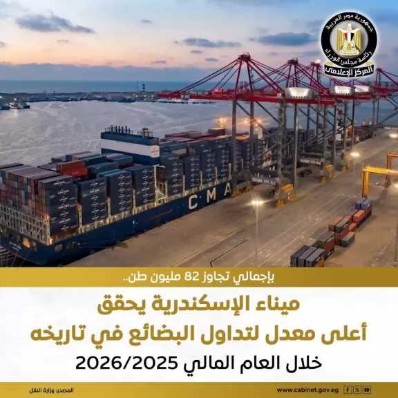 ميناء الإسكندرية حققت خلال العام المالي 2026/2025 أعلى معدل لتداول البضائع بإجمالي تجاوز 82 مليون طن