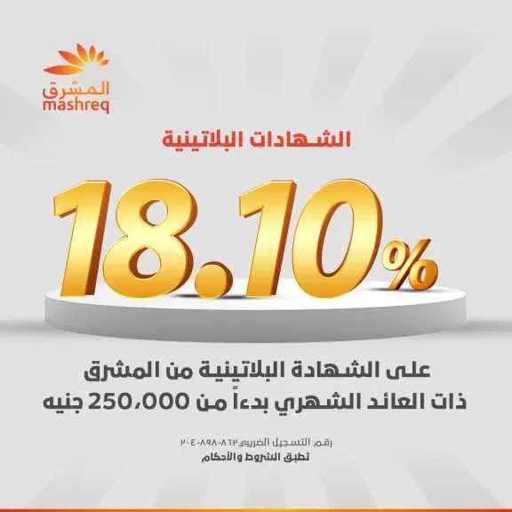 بنك المشرق يطرح الشهادة البلاتينية بعائد 18.10% يبدأ من 250 ألف جنيه