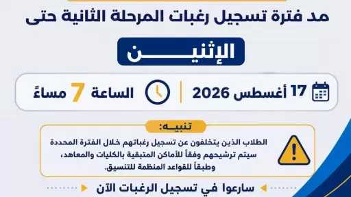 التعليم العالي: مد فترة تسجيل رغبات المرحلة الثانية يومًا إضافيًا حرصًا على مصلحة الطلاب